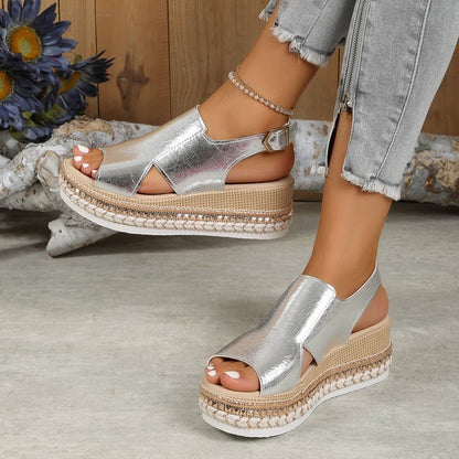 Shiny Sandals Hollow Design Fish Mouth Wedged Sandal