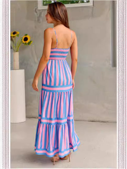 Striped Printed Suspender Long Dress With Pockets Fashion Square Neck Backless Dresses For Beach Vacation Women Clothing