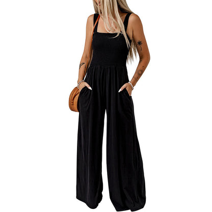 Square Neck High Waist Jumpsuit Women's Backless Pleated Design Wide Leg